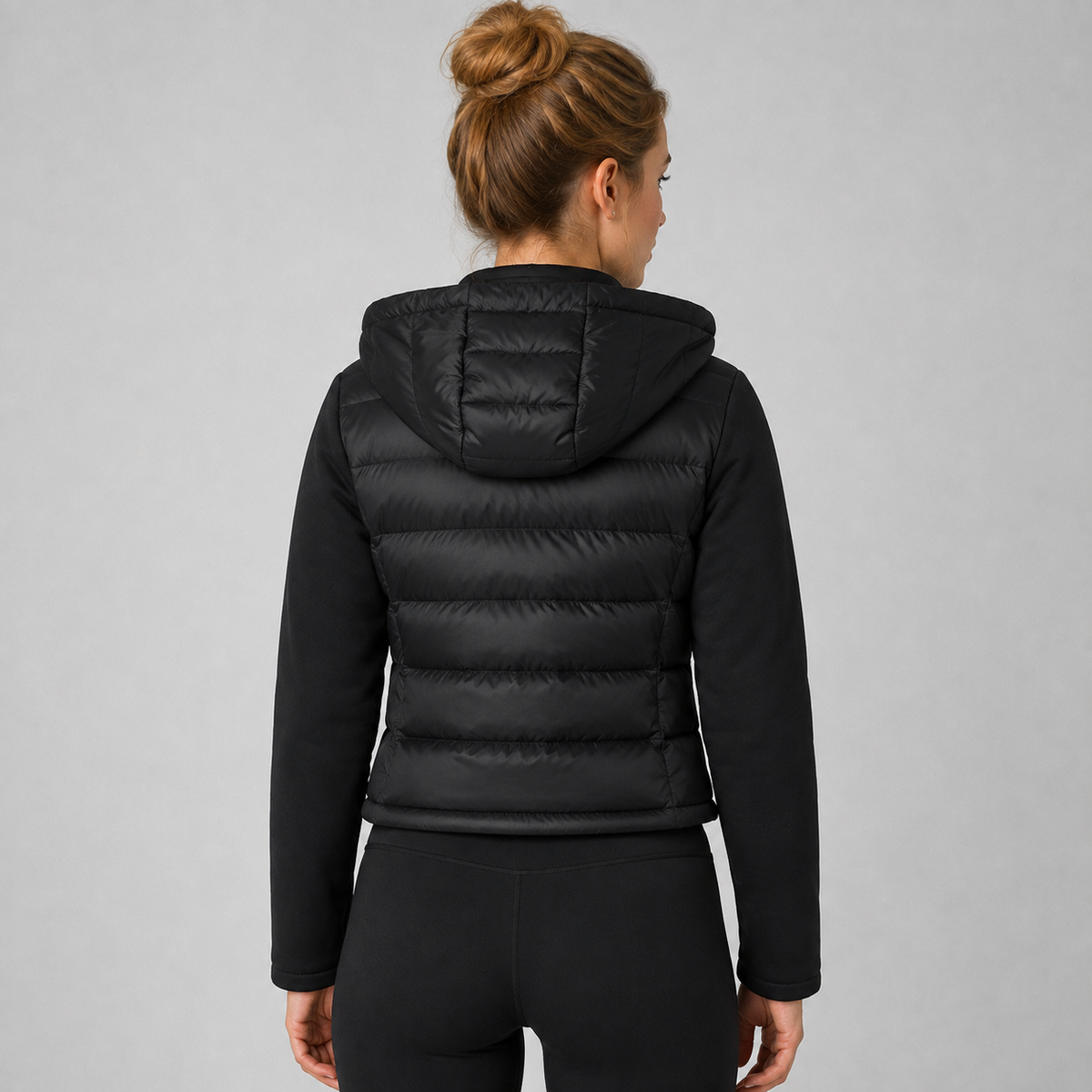 Damen Hybrid-Steppjacke Schwarz mit Kapuze – Leichte Jacke mit Stretch-Ärmeln, Herbst Winter