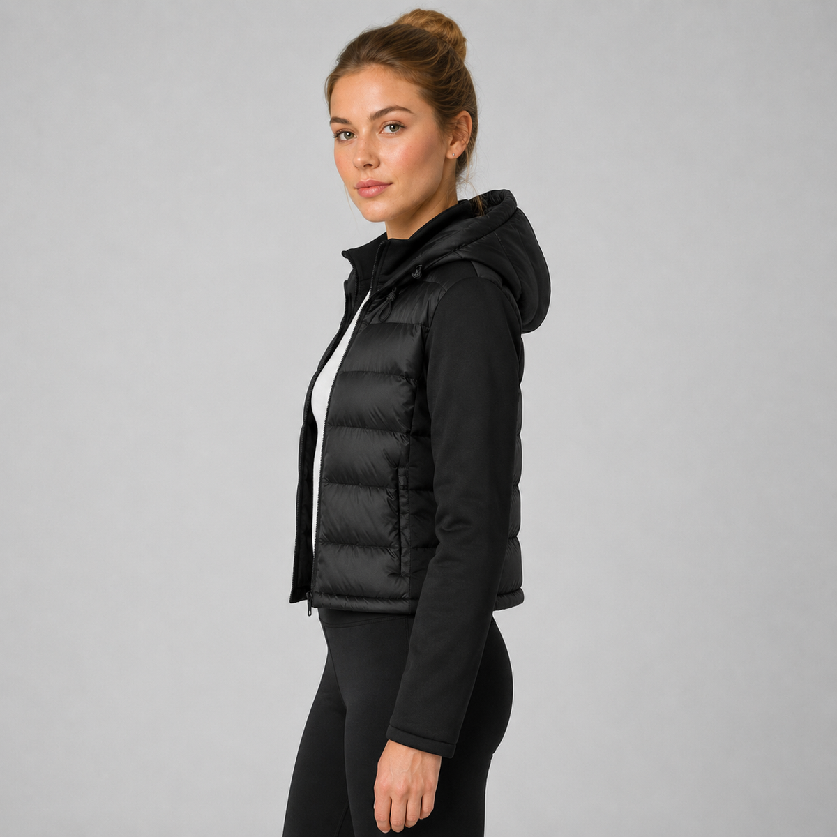 Damen Hybrid-Steppjacke Schwarz mit Kapuze – Leichte Jacke mit Stretch-Ärmeln, Herbst Winter