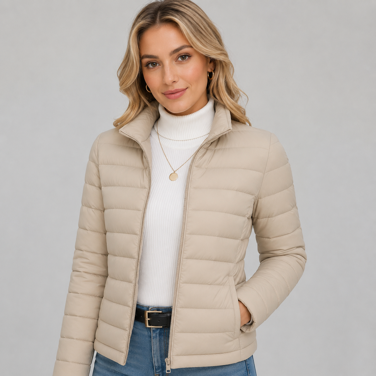 Damen Leichte Steppjacke mit Stehkragen – Taillierte Übergangsjacke mit Reißverschluss, Herbst Winter