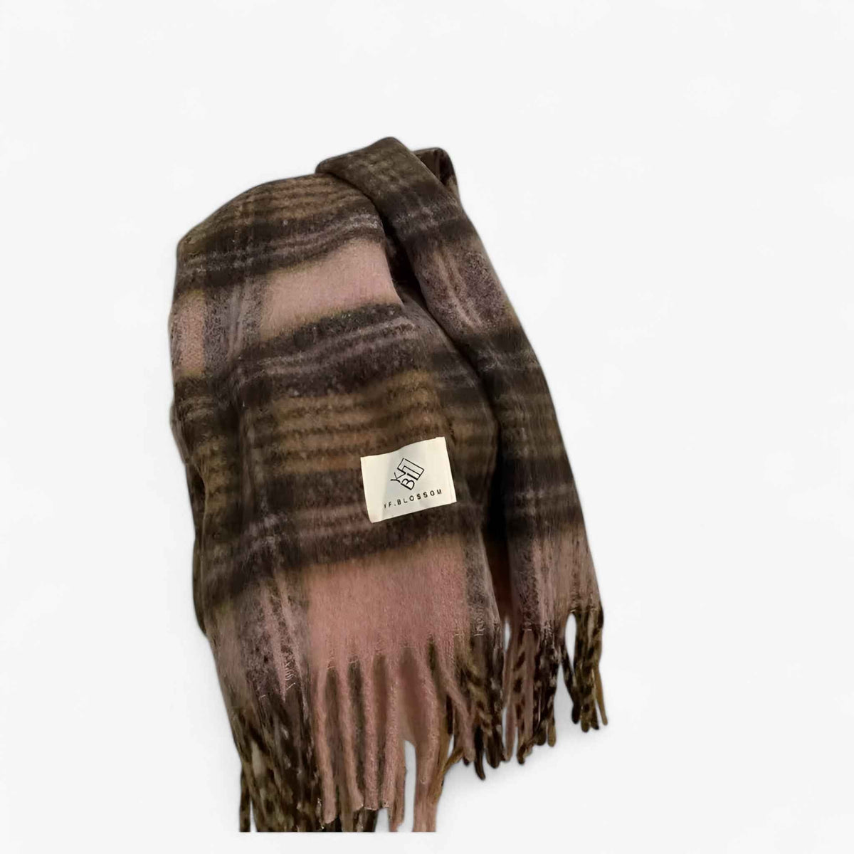 Damen Karierter Schal mit Mohair und Fransen – Großer Karoschal und Umschlagtuch, Herbst Winter