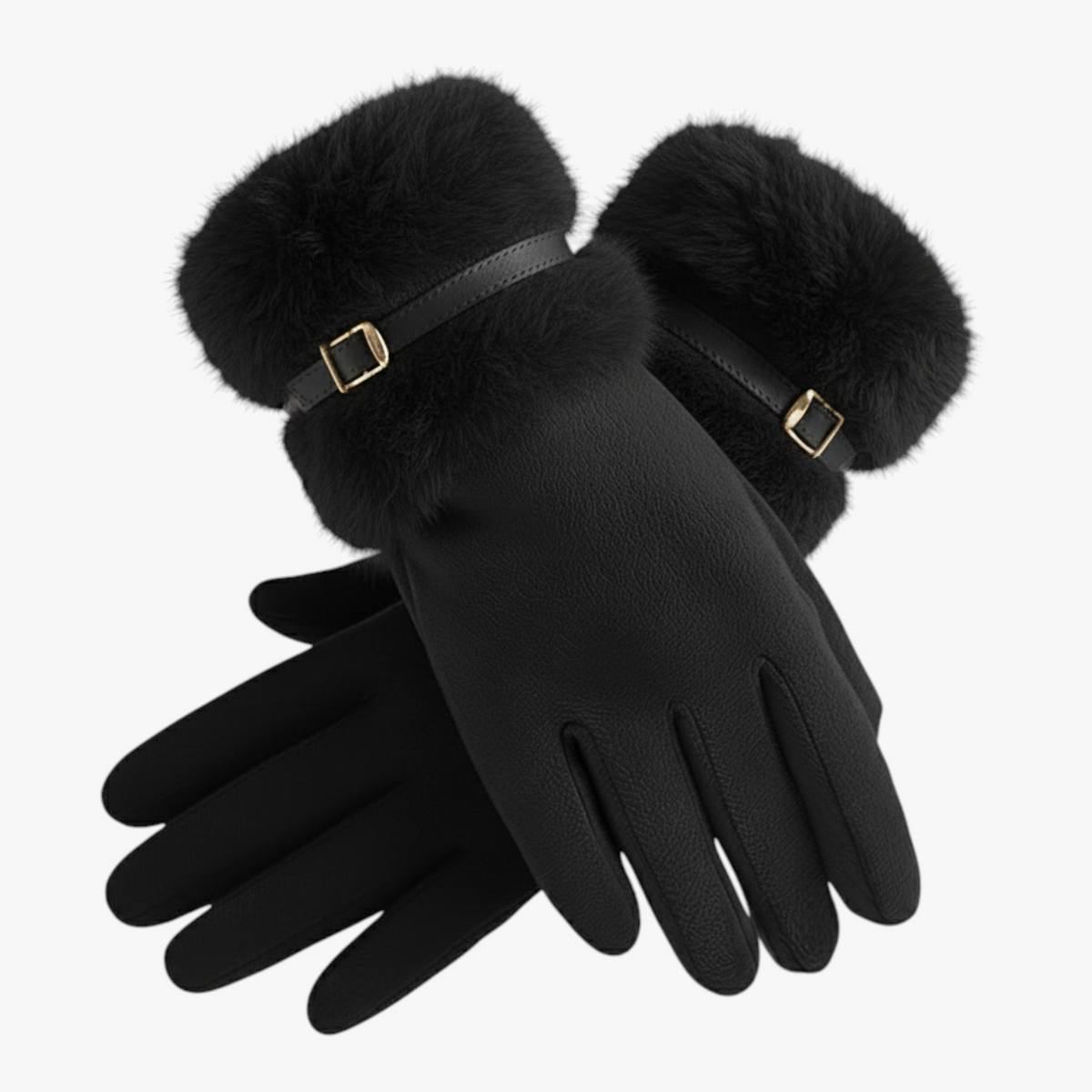 Damen Handschuhe in Wildlederoptik mit Fellbündchen und Schnalle – Gefütterte Winterhandschuhe, Herbst Winter