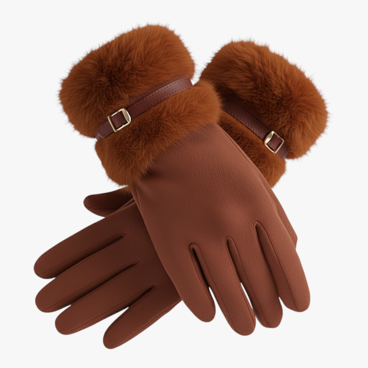 Damen Handschuhe in Wildlederoptik mit Fellbündchen und Schnalle – Gefütterte Winterhandschuhe, Herbst Winter