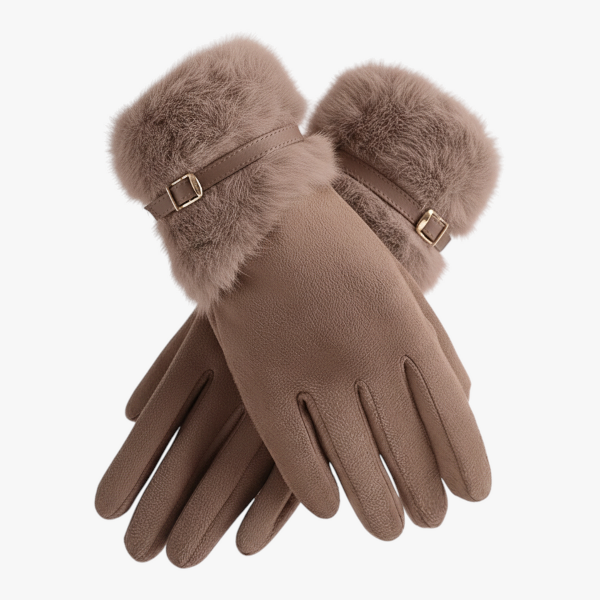 Damen Handschuhe in Wildlederoptik mit Fellbündchen und Schnalle – Gefütterte Winterhandschuhe, Herbst Winter