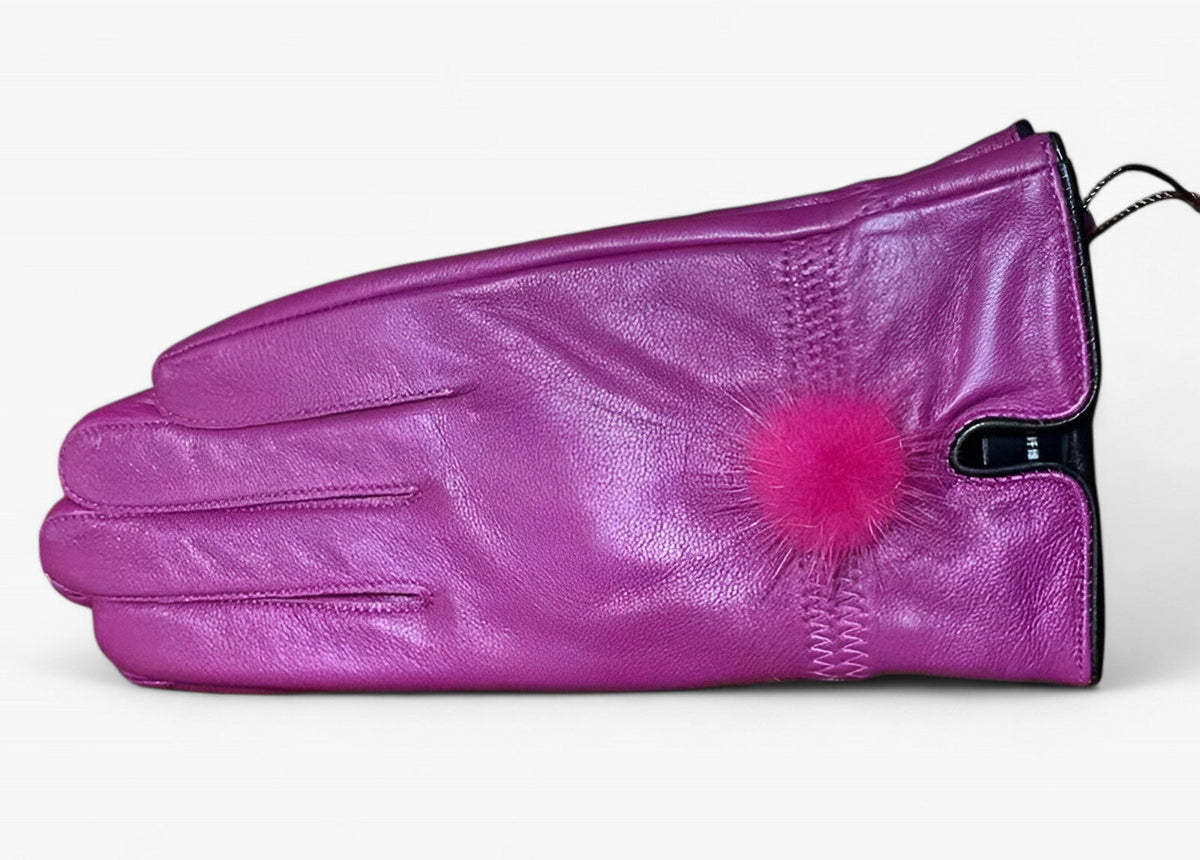 Damen Lederhandschuhe mit Fellbommel – Gefütterte Winterhandschuhe, Herbst Winter