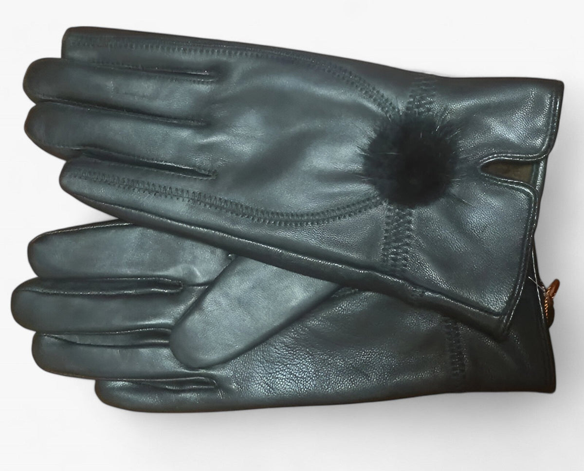 Damen Lederhandschuhe mit Fellbommel – Gefütterte Winterhandschuhe, Herbst Winter