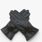 Damen Lederhandschuhe mit Fellbommel – Gefütterte Winterhandschuhe, Herbst Winter