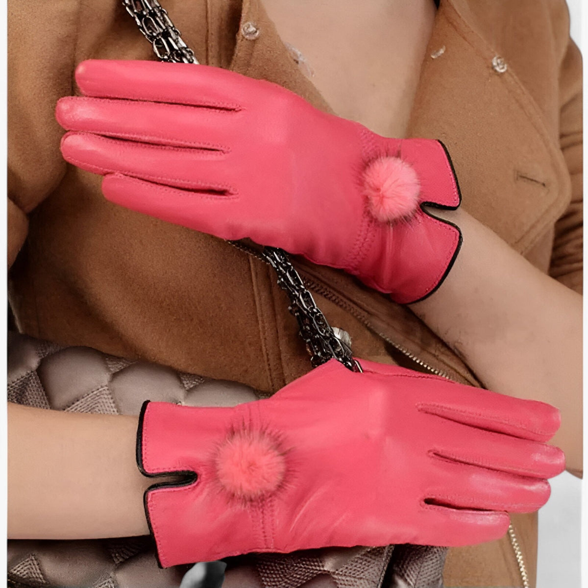 Damen Lederhandschuhe mit Fellbommel – Gefütterte Winterhandschuhe, Herbst Winter