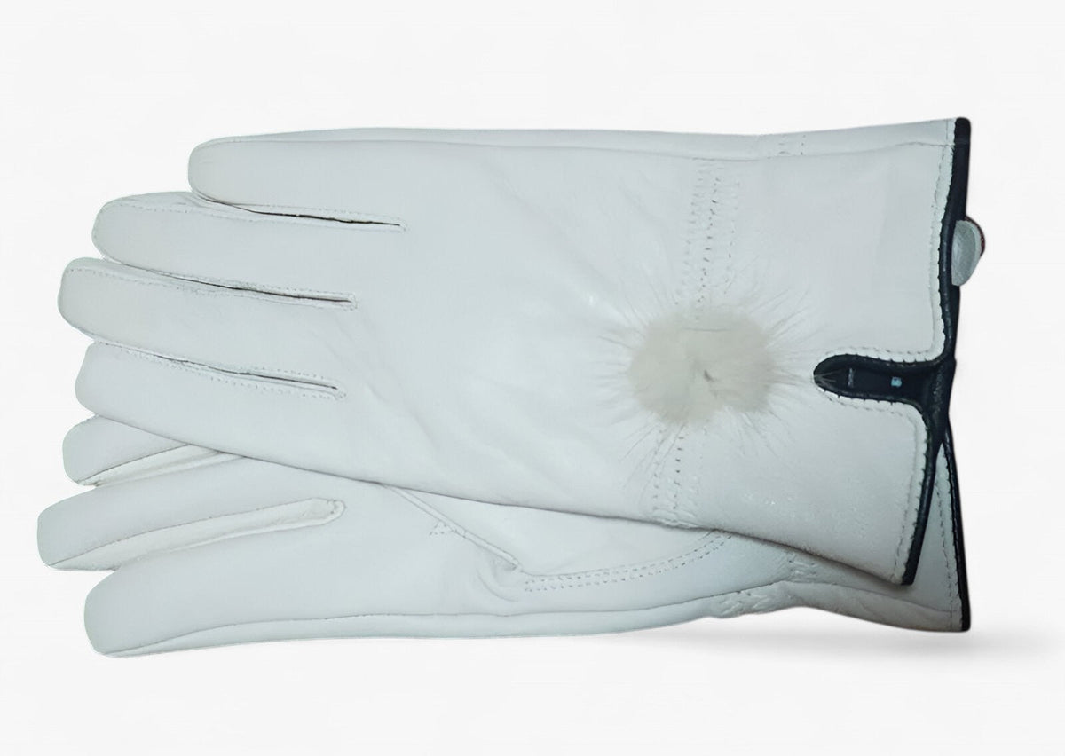 Damen Lederhandschuhe mit Fellbommel – Gefütterte Winterhandschuhe, Herbst Winter