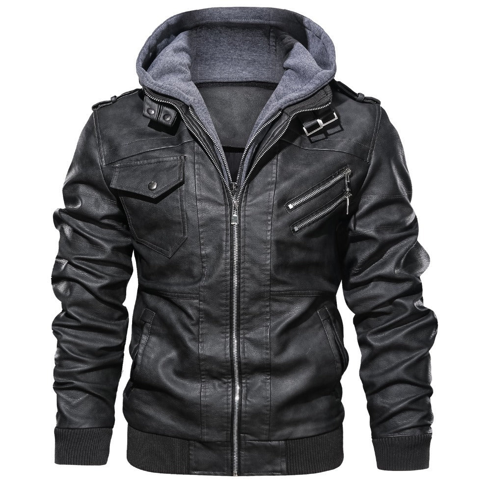 Herren Winter Kunstlederjacke gefüttert mit Kapuze – Bikerjacke in Lederoptik