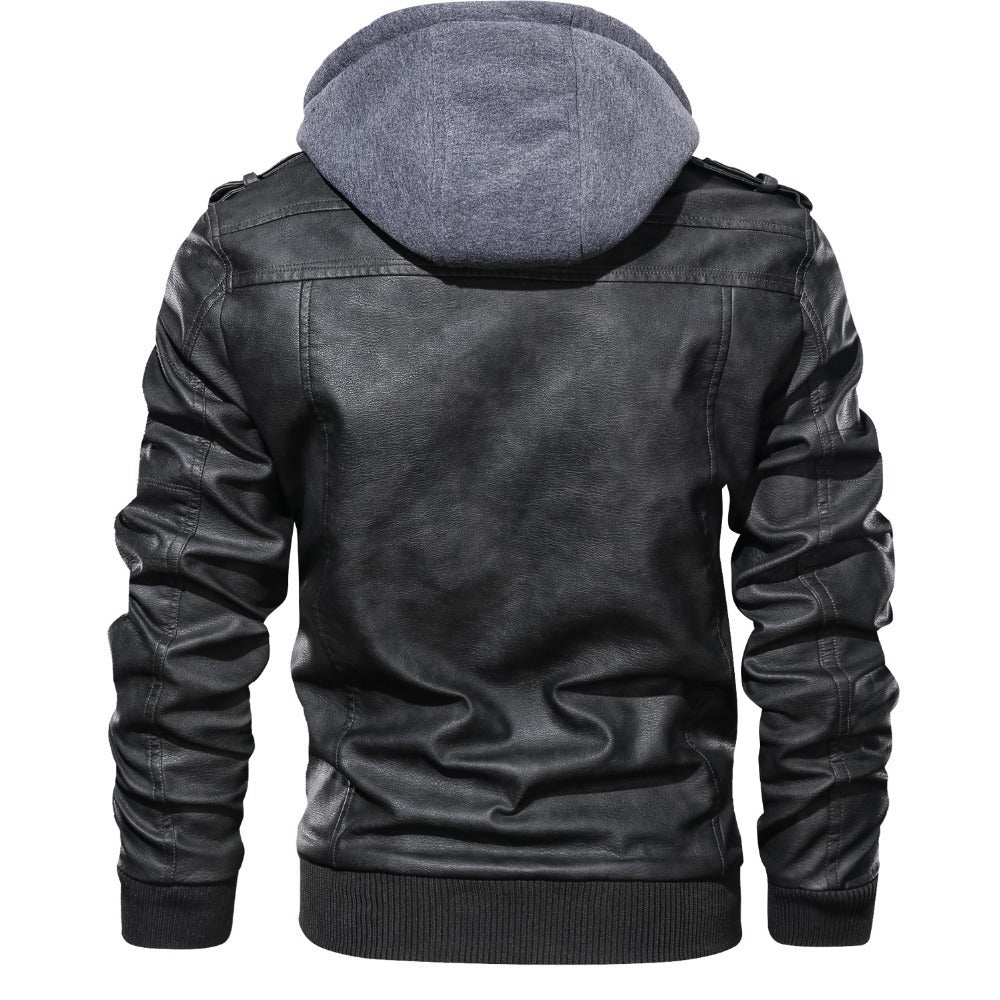 Herren Winter Kunstlederjacke gefüttert mit Kapuze – Bikerjacke in Lederoptik