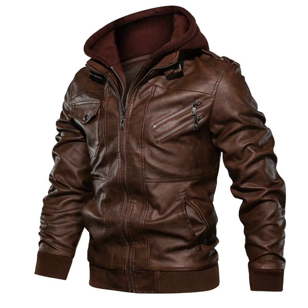 Herren Winter Kunstlederjacke gefüttert mit Kapuze – Bikerjacke in Lederoptik