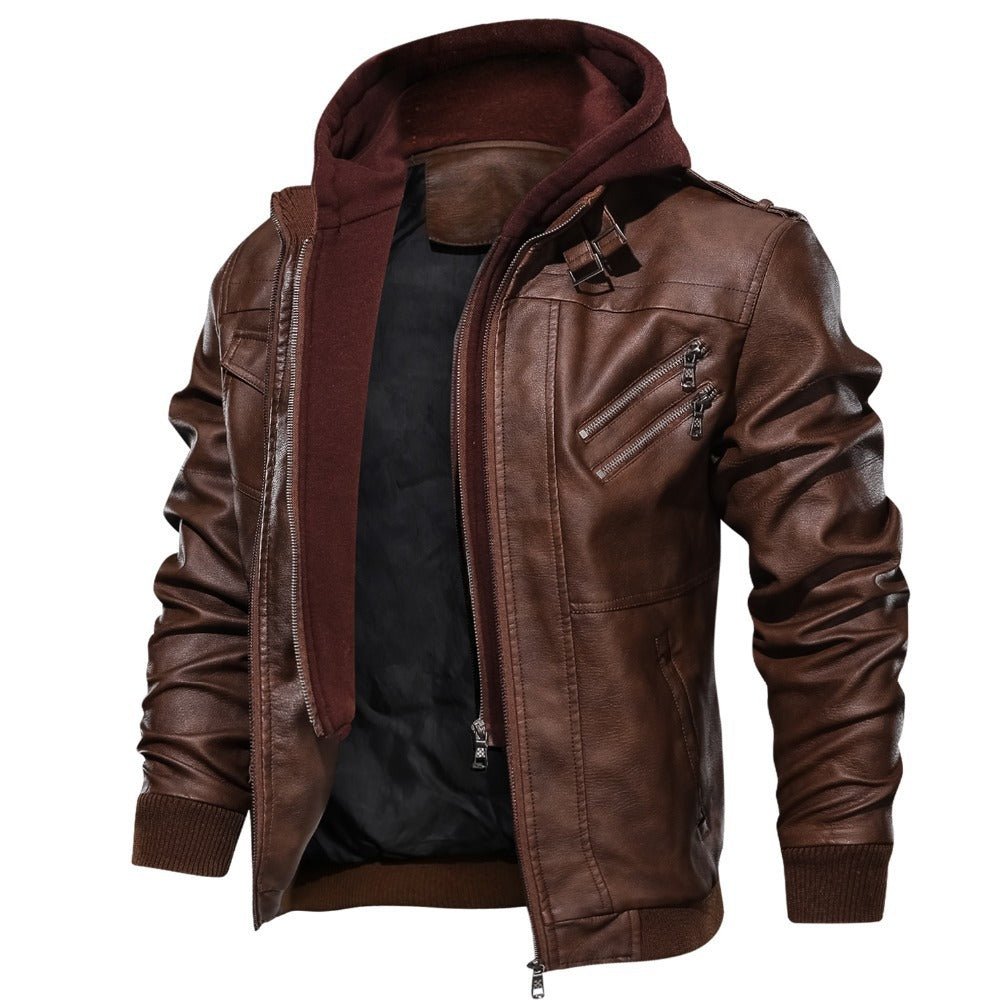 Herren Winter Kunstlederjacke gefüttert mit Kapuze – Bikerjacke in Lederoptik