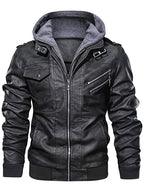 Herren Bikerjacke aus Kunstleder mit Kapuze, Schnallendetails und Reißverschlusstaschen
