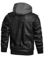 Herren Bikerjacke aus Kunstleder mit Kapuze, Schnallendetails und Reißverschlusstaschen