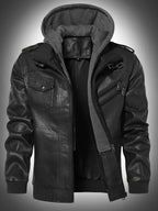 Herren Bikerjacke aus Kunstleder mit Kapuze, Schnallendetails und Reißverschlusstaschen