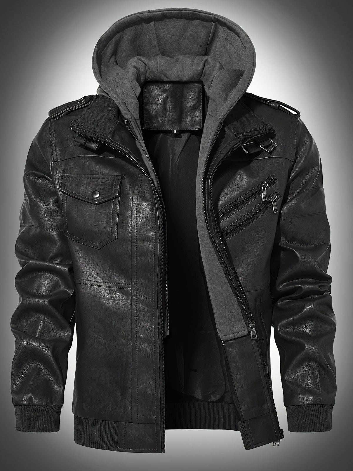 Herren Bikerjacke aus Kunstleder mit Kapuze, Schnallendetails und Reißverschlusstaschen