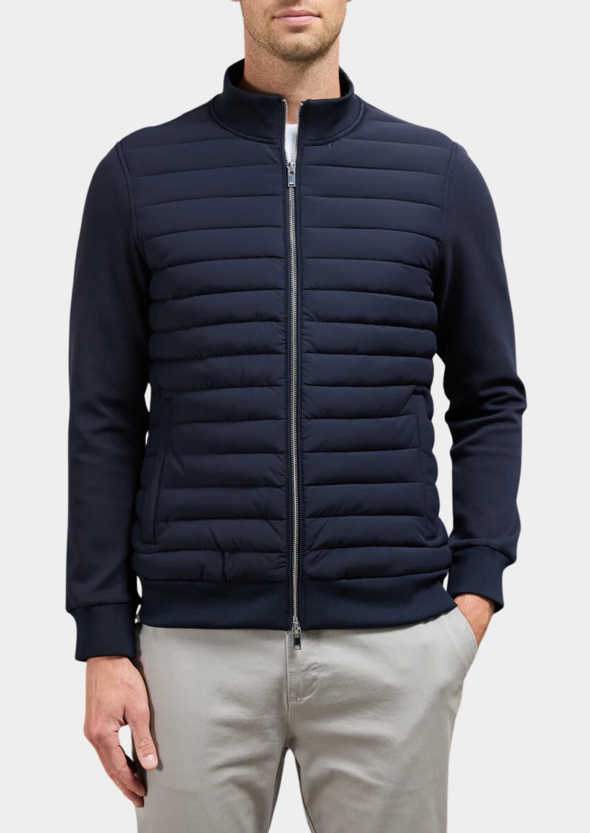 Herren Hybrid-Steppjacke mit Jersey-Ärmeln – Slim Fit Übergangsjacke mit Rippkragen, Herbst Winter