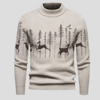 Herren Weihnachtspullover mit Rentier & Wald – Strickpullover mit Stehkragen, Winter