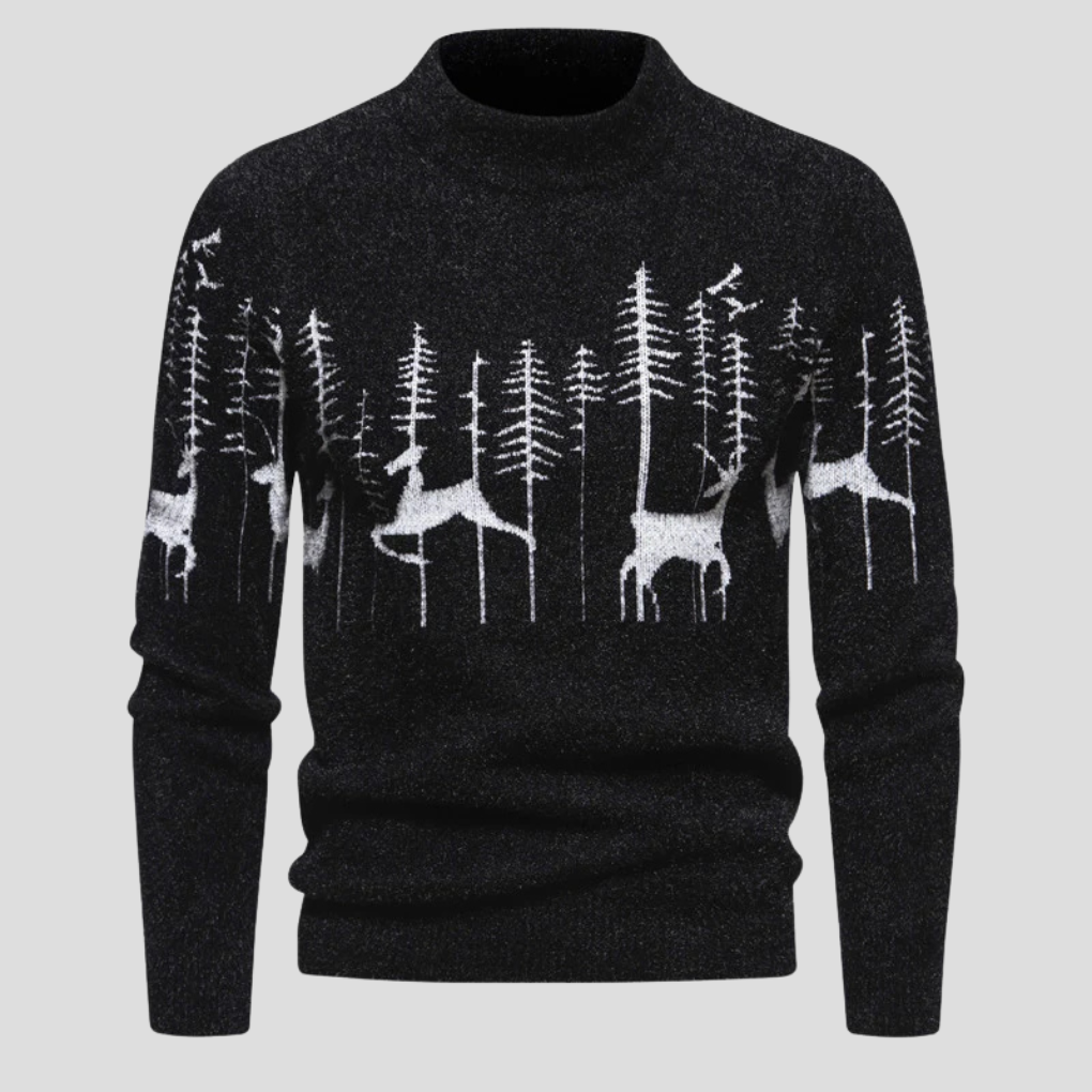 Herren Weihnachtspullover mit Rentier & Wald – Strickpullover mit Stehkragen, Winter
