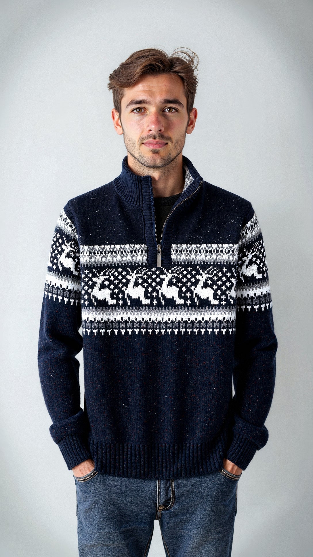 Herren Norweger Weihnachtspullover mit Rentier – Troyer Strickpullover mit Halbreißverschluss, Winter