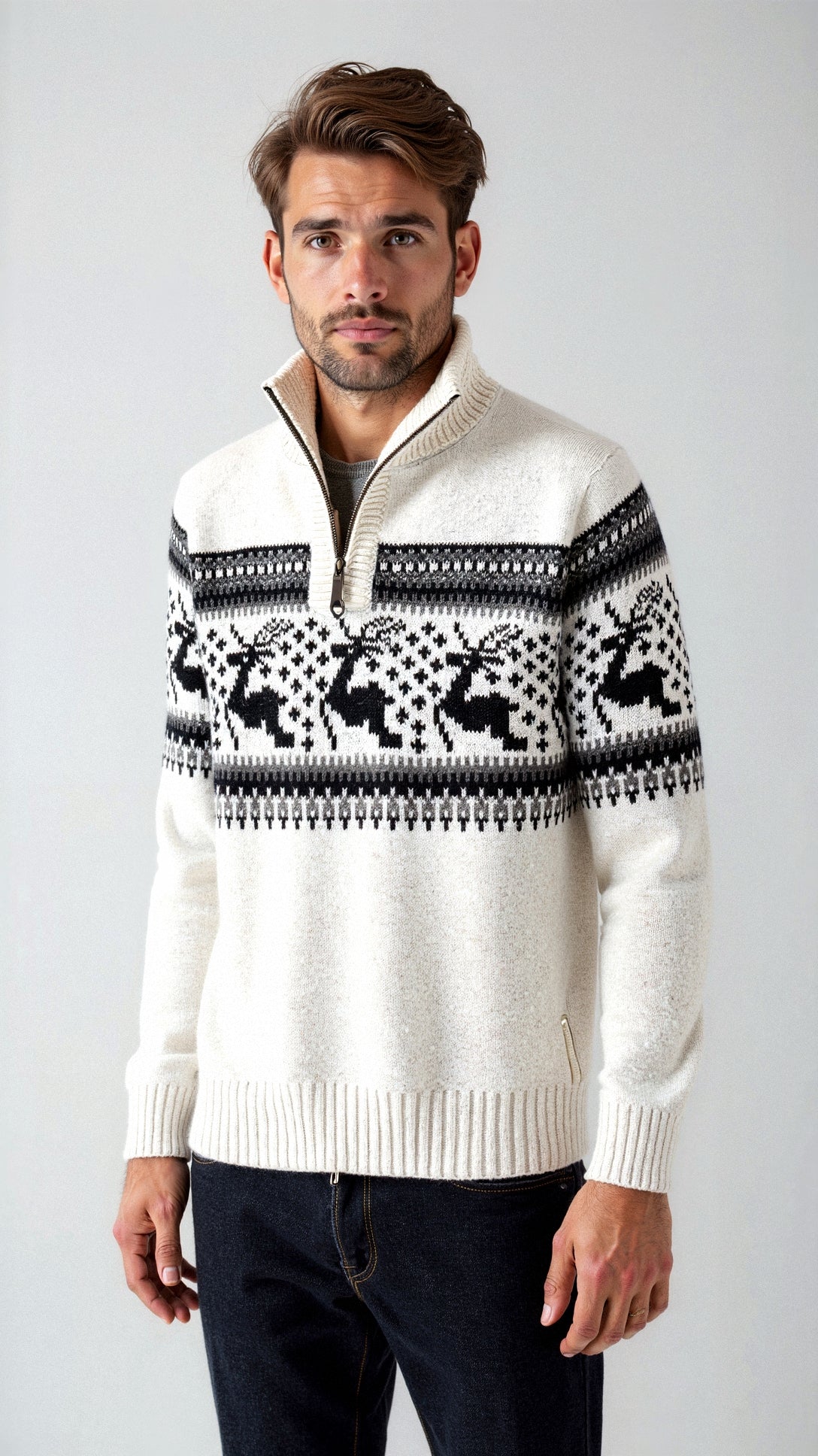 Herren Norweger Weihnachtspullover mit Rentier – Troyer Strickpullover mit Halbreißverschluss, Winter