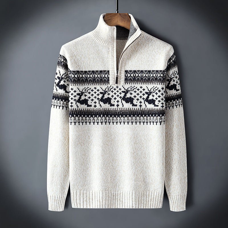 Herren Norweger Weihnachtspullover mit Rentier – Troyer Strickpullover mit Halbreißverschluss, Winter