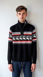 Herren Norweger Weihnachtspullover mit Rentier – Troyer Strickpullover mit Halbreißverschluss, Winter