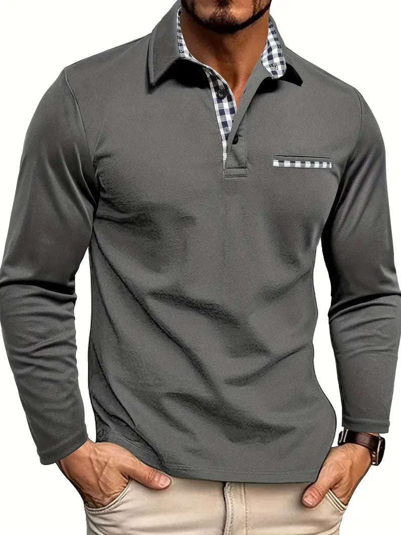 Herren Langarm Poloshirt mit Karo-Kragen und Waffelstruktur