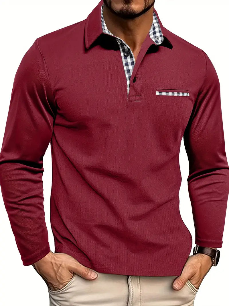 Herren Langarm Poloshirt mit Karo-Kragen und Waffelstruktur