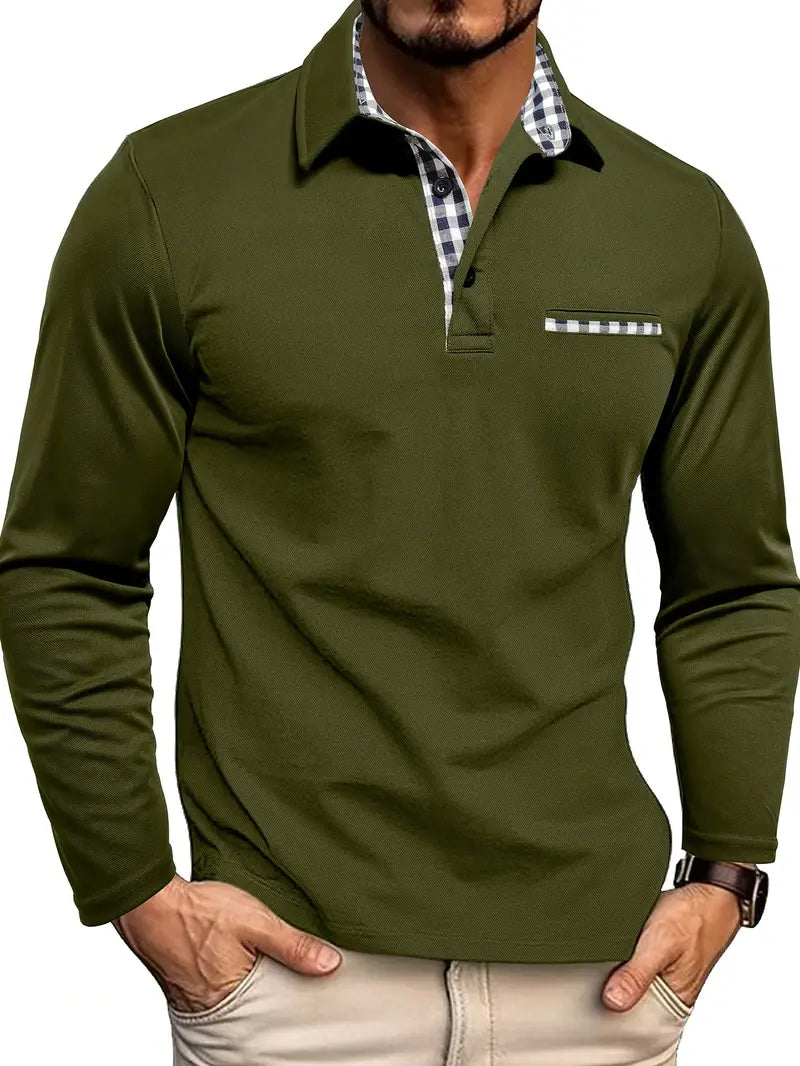 Herren Langarm Poloshirt mit Karo-Kragen und Waffelstruktur