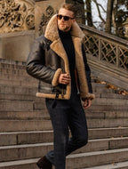 Herren Fliegerjacke Braun mit Teddyfell – Lammleder Winterjacke mit Pelzkragen