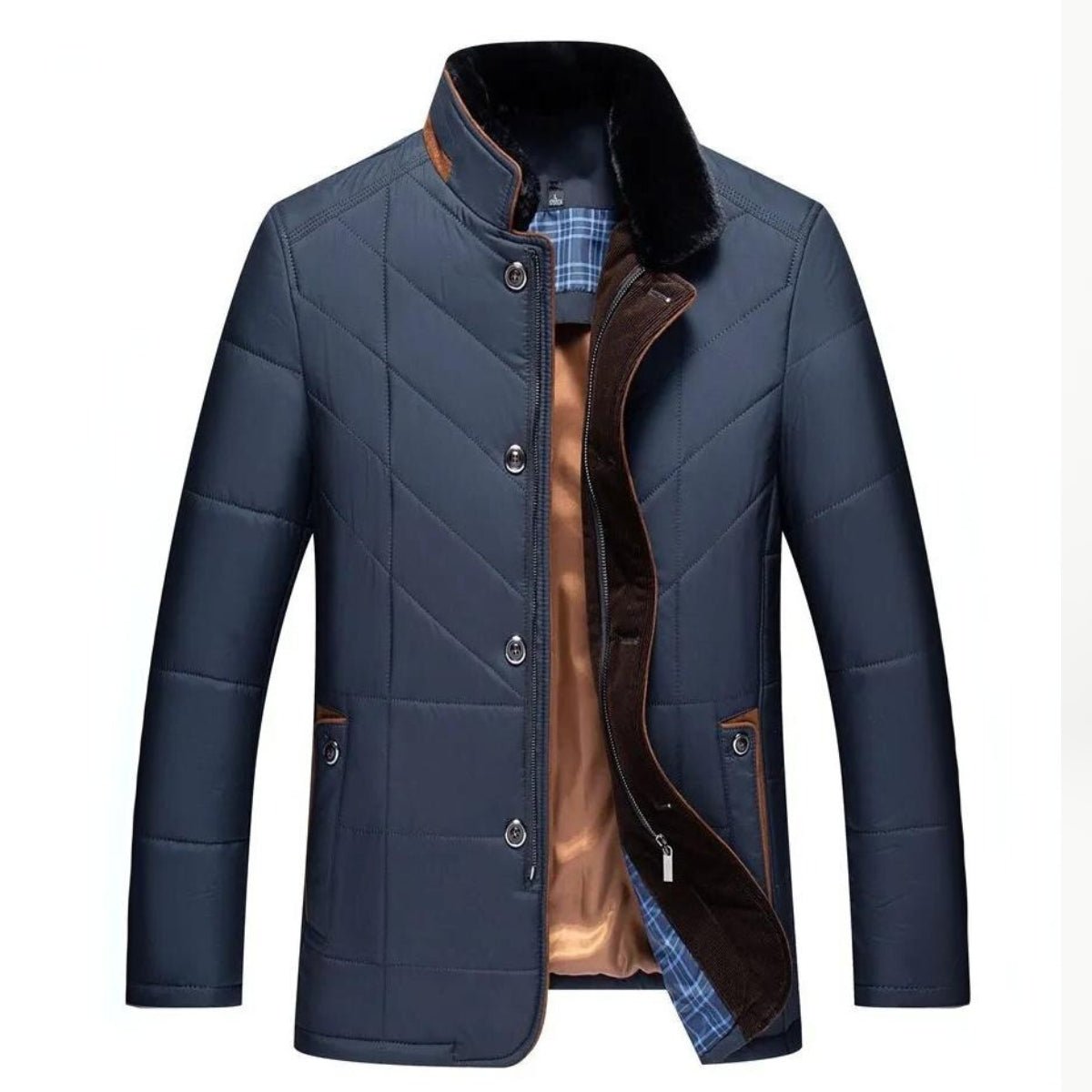 Herren Winter Steppjacke tailliert mit Kunstfellkragen – elegante Winterjacke mit Stehkragen