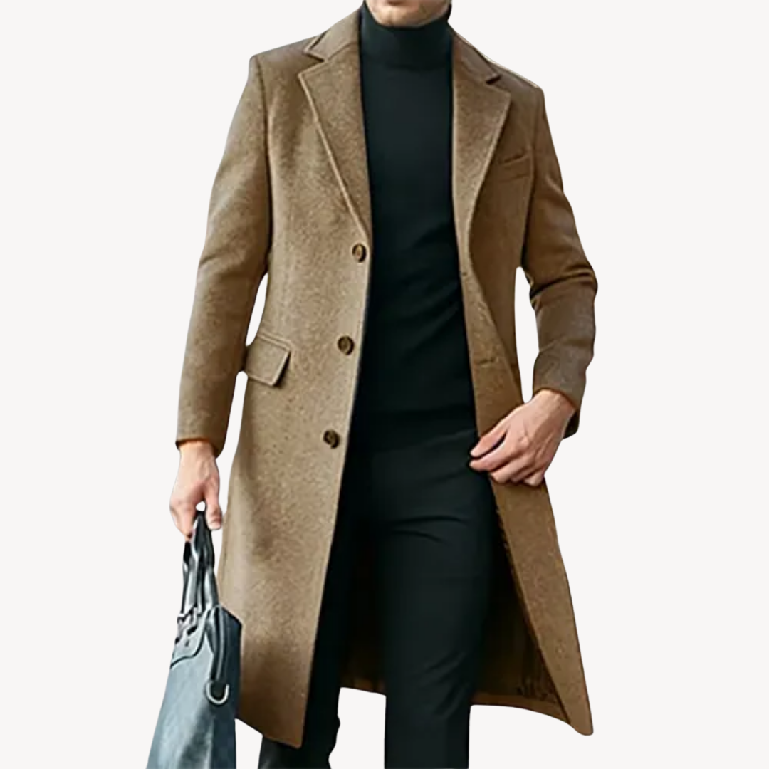 Herren Langer Wollmantel – Eleganter Wintermantel mit Reverskragen, Einreiher