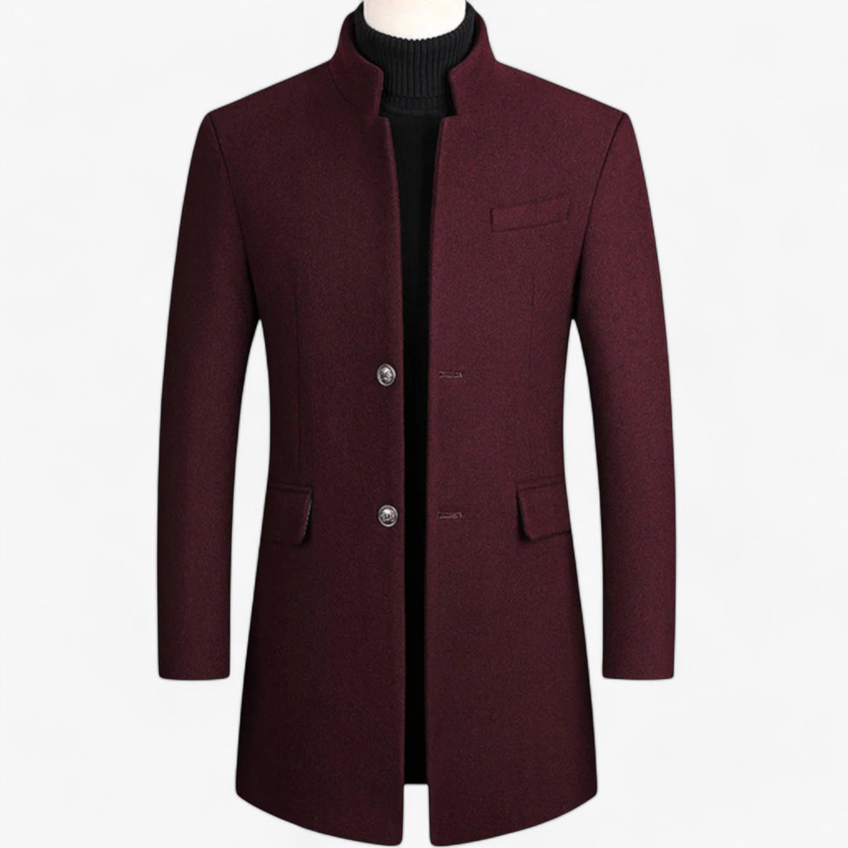 Herren Winter Wollmantel knielang mit Stehkragen und Pattentaschen