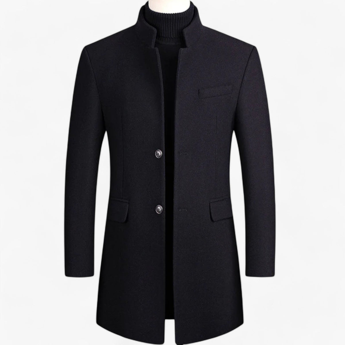 Herren Winter Wollmantel knielang mit Stehkragen und Pattentaschen
