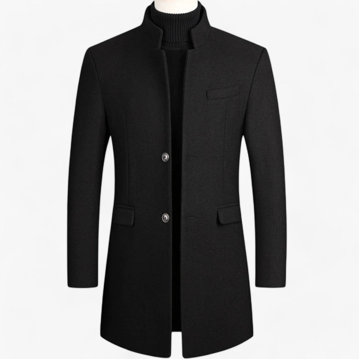 Herren Winter Wollmantel knielang mit Stehkragen und Pattentaschen