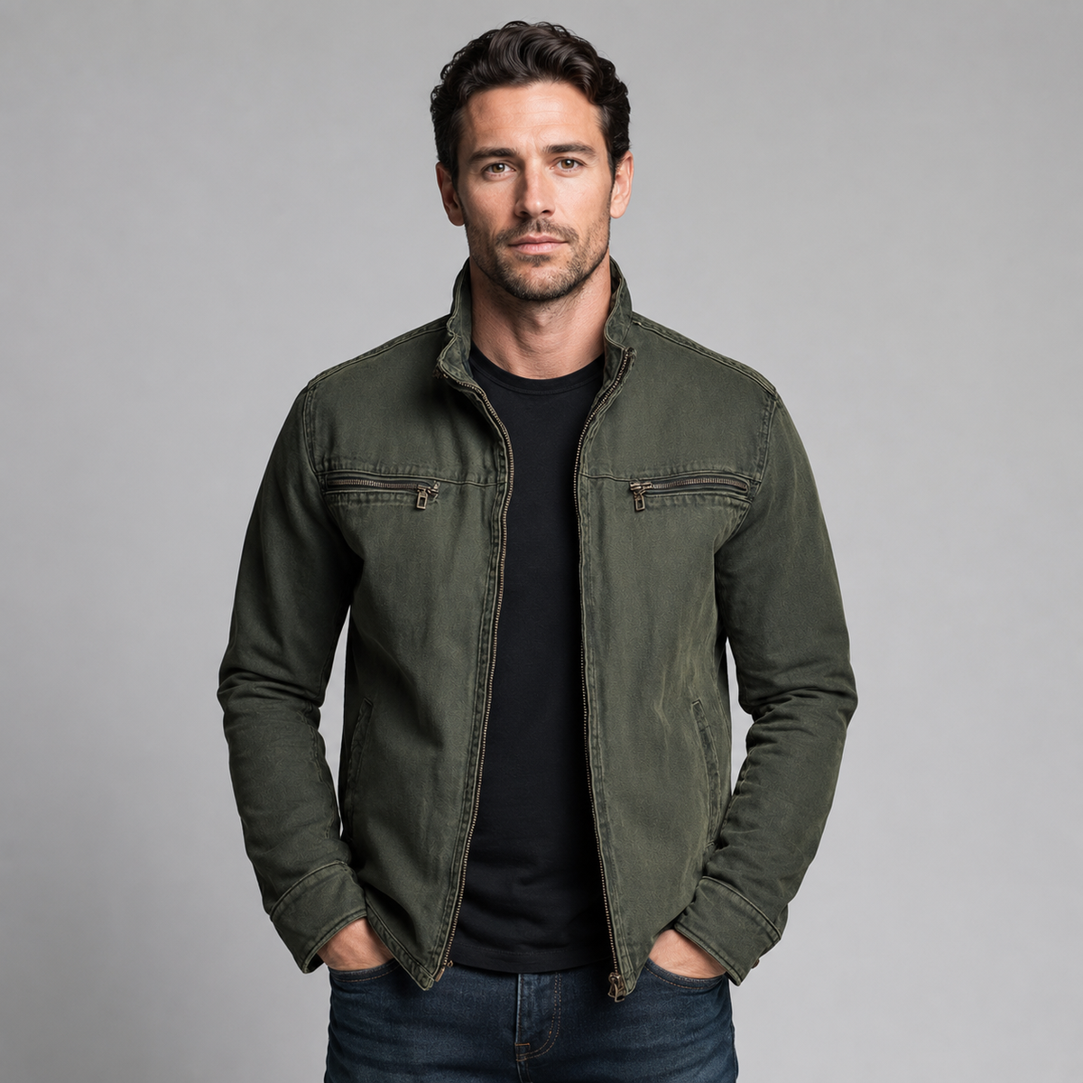 Herren Übergangsjacke aus Baumwolle mit Stehkragen – Canvas Jacke im Washed-Look