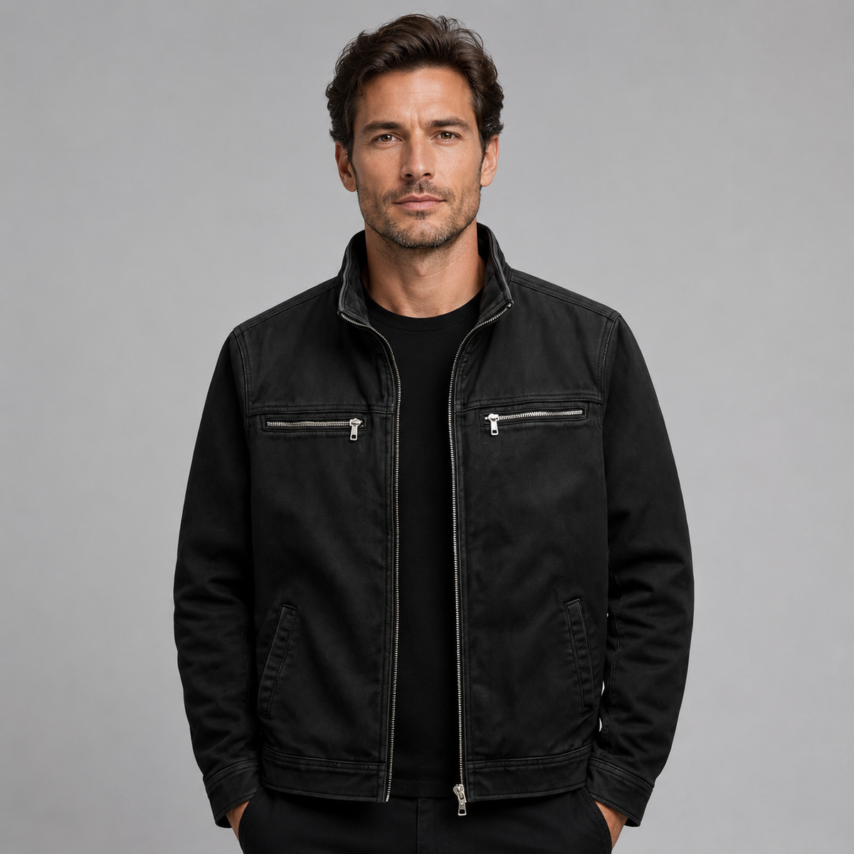 Herren Übergangsjacke aus Baumwolle mit Stehkragen – Canvas Jacke im Washed-Look