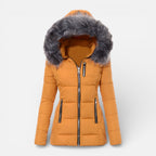 Damen Winter Steppjacke mit Kapuze und Kunstfellkragen