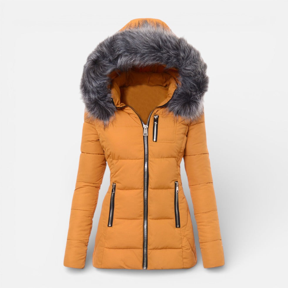 Damen Winter Steppjacke mit Kapuze und Kunstfellkragen