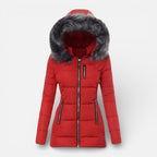 Damen Winter Steppjacke mit Kapuze und Kunstfellkragen