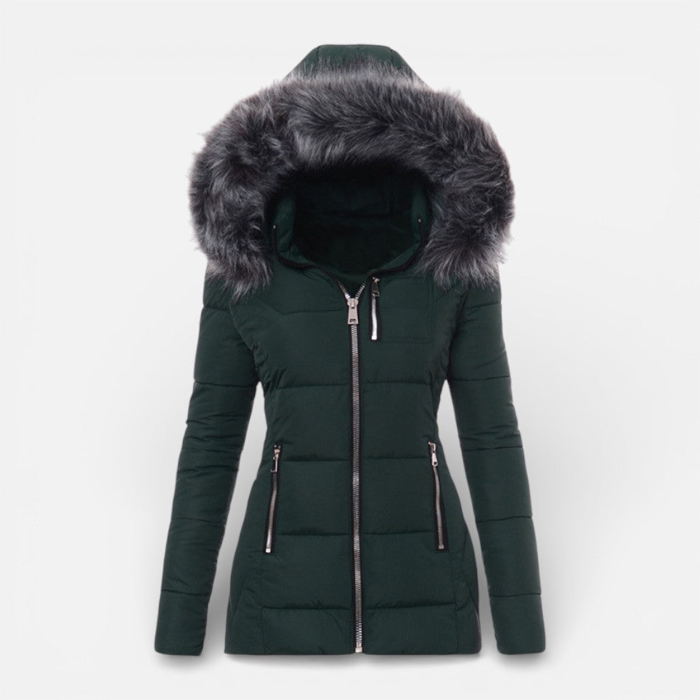 Damen Winter Steppjacke mit Kapuze und Kunstfellkragen