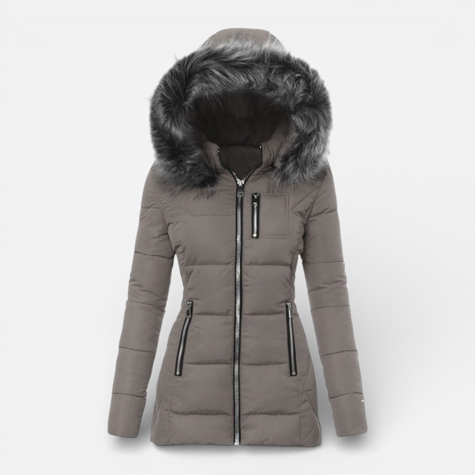 Damen Winter Steppjacke mit Kapuze und Kunstfellkragen