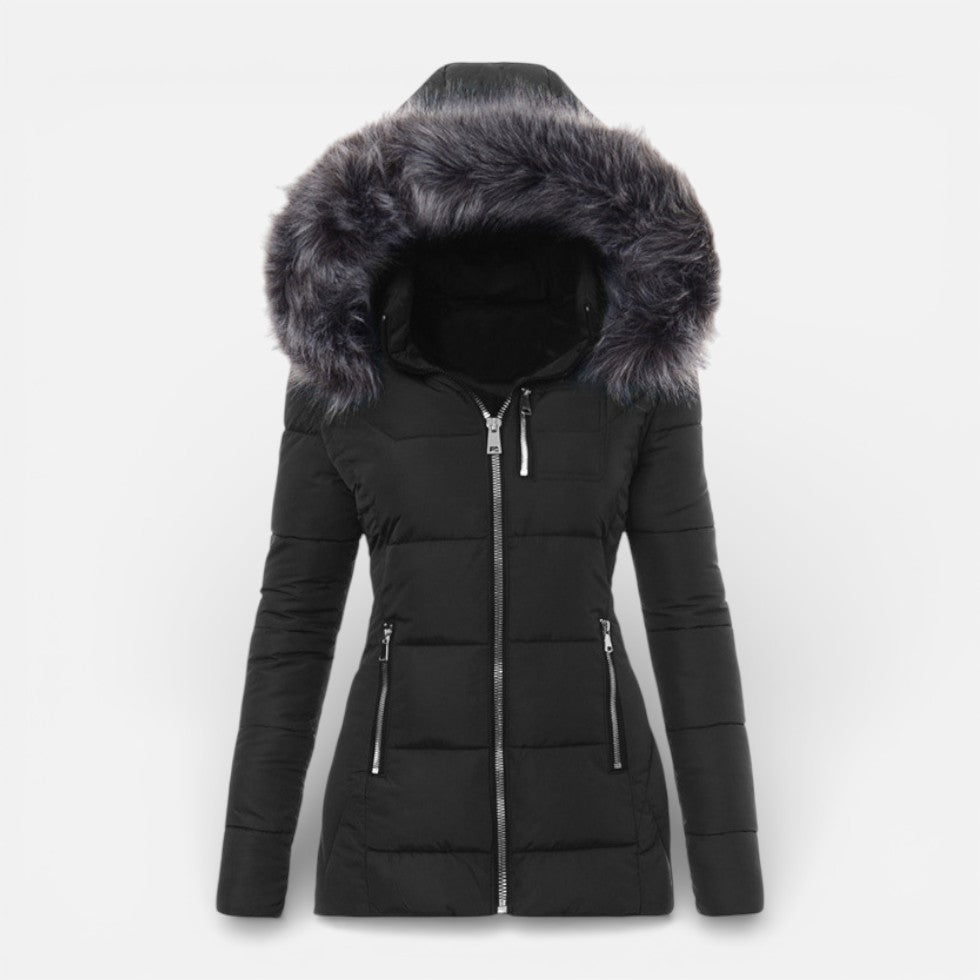 Damen Winter Steppjacke mit Kapuze und Kunstfellkragen