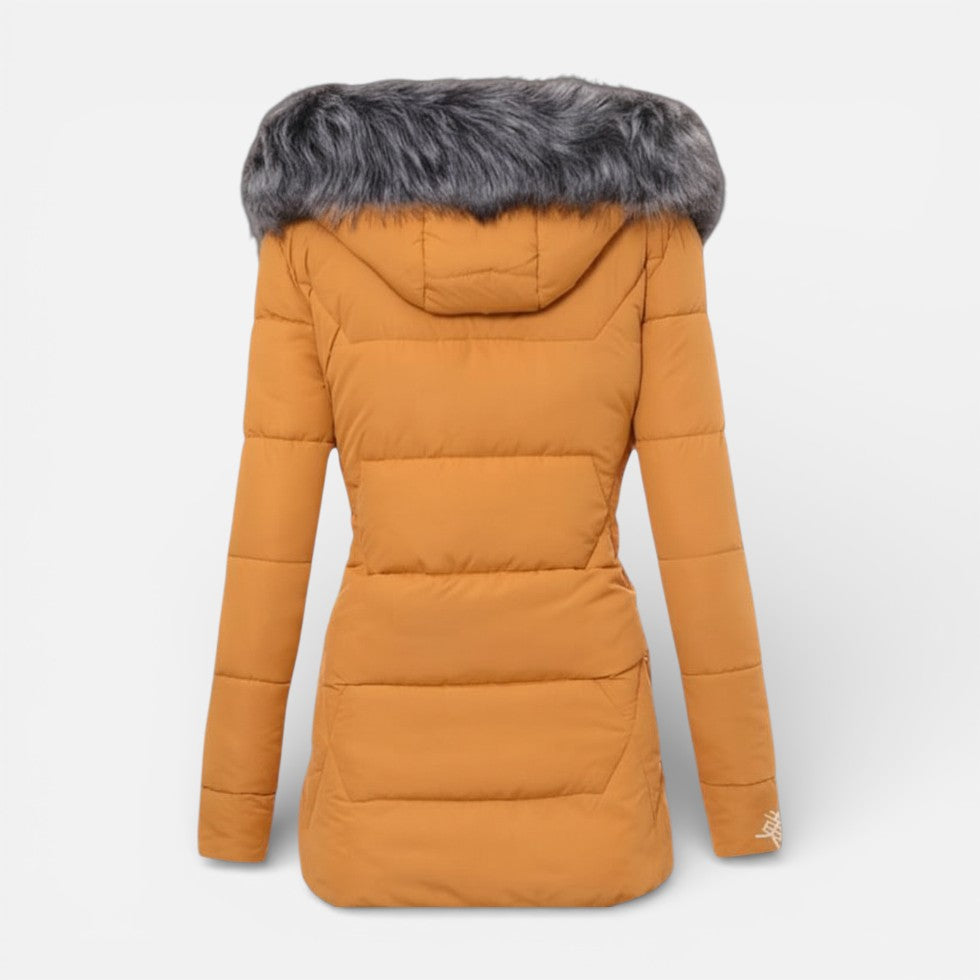 Damen Winter Steppjacke mit Kapuze und Kunstfellkragen