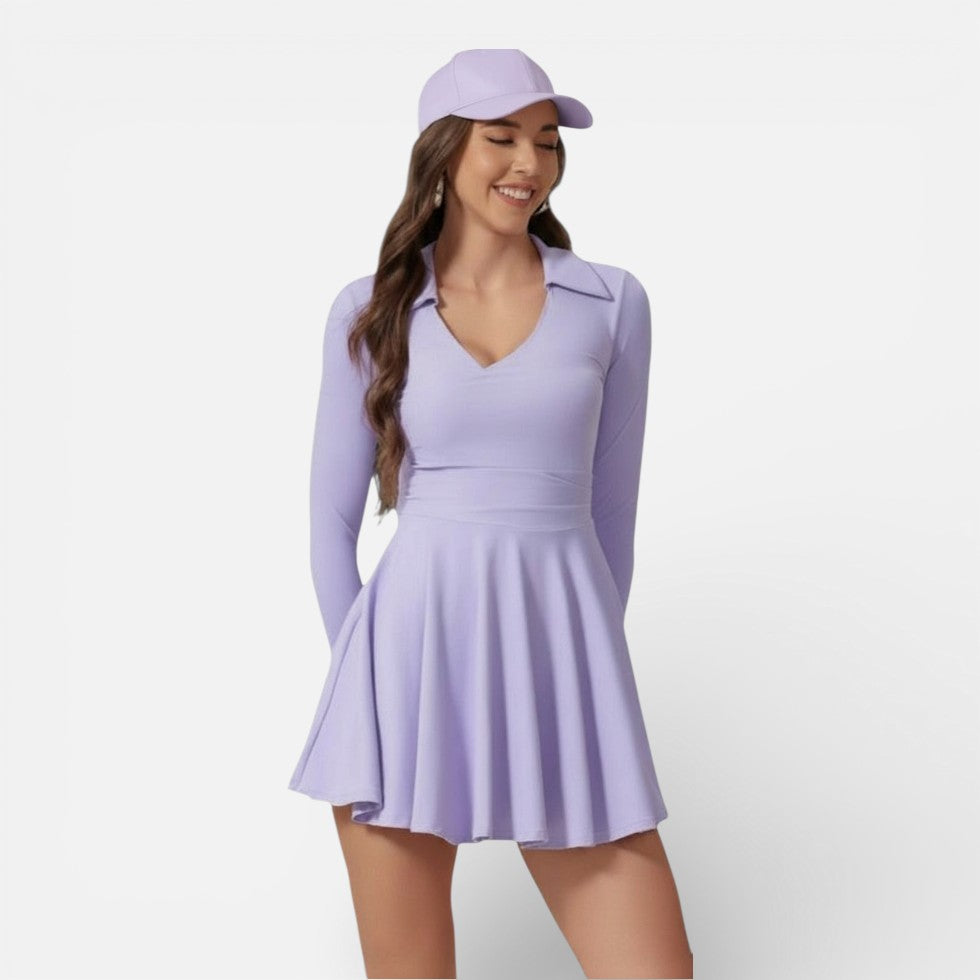 Damen Langarm Sportkleid mit Kragen und ausgestelltem Rock