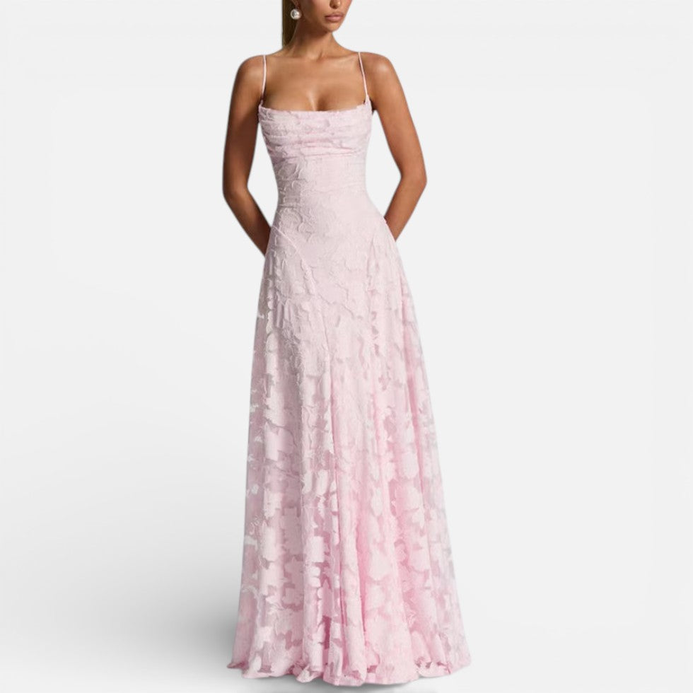 Damen Abendkleid lang aus Spitze mit Spaghettiträgern