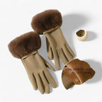 Damen Handschuhe in Wildlederoptik mit großem Fellbündchen – Touchscreen-Winterhandschuhe, Herbst Winter