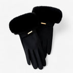 Damen Handschuhe in Wildlederoptik mit großem Fellbündchen – Touchscreen-Winterhandschuhe, Herbst Winter