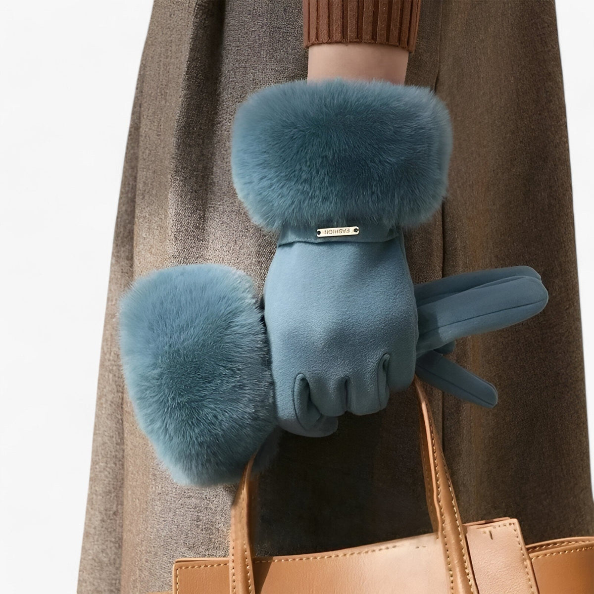 Damen Handschuhe in Wildlederoptik mit großem Fellbündchen – Touchscreen-Winterhandschuhe, Herbst Winter
